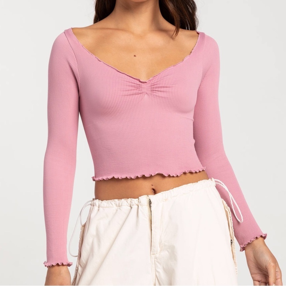 BDG Urban Outfitters Women L Pink Ribbed Y2K Seamless Elise Long Sleeve Crop Top